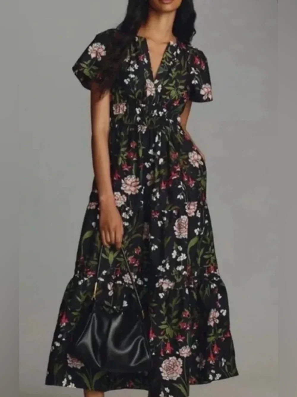 Anthropologie The Somerset Maxi Dress Tiered Smocked Waist Floral Black XL - Picture 1 of 4